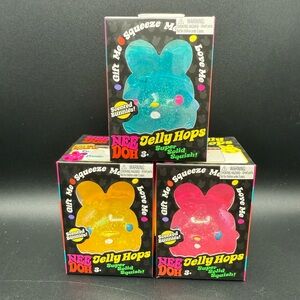 Lot Of 3 Nee Doh Jelly Hops Scented Super Solid Squish Bunnies Pink Blue Yellow